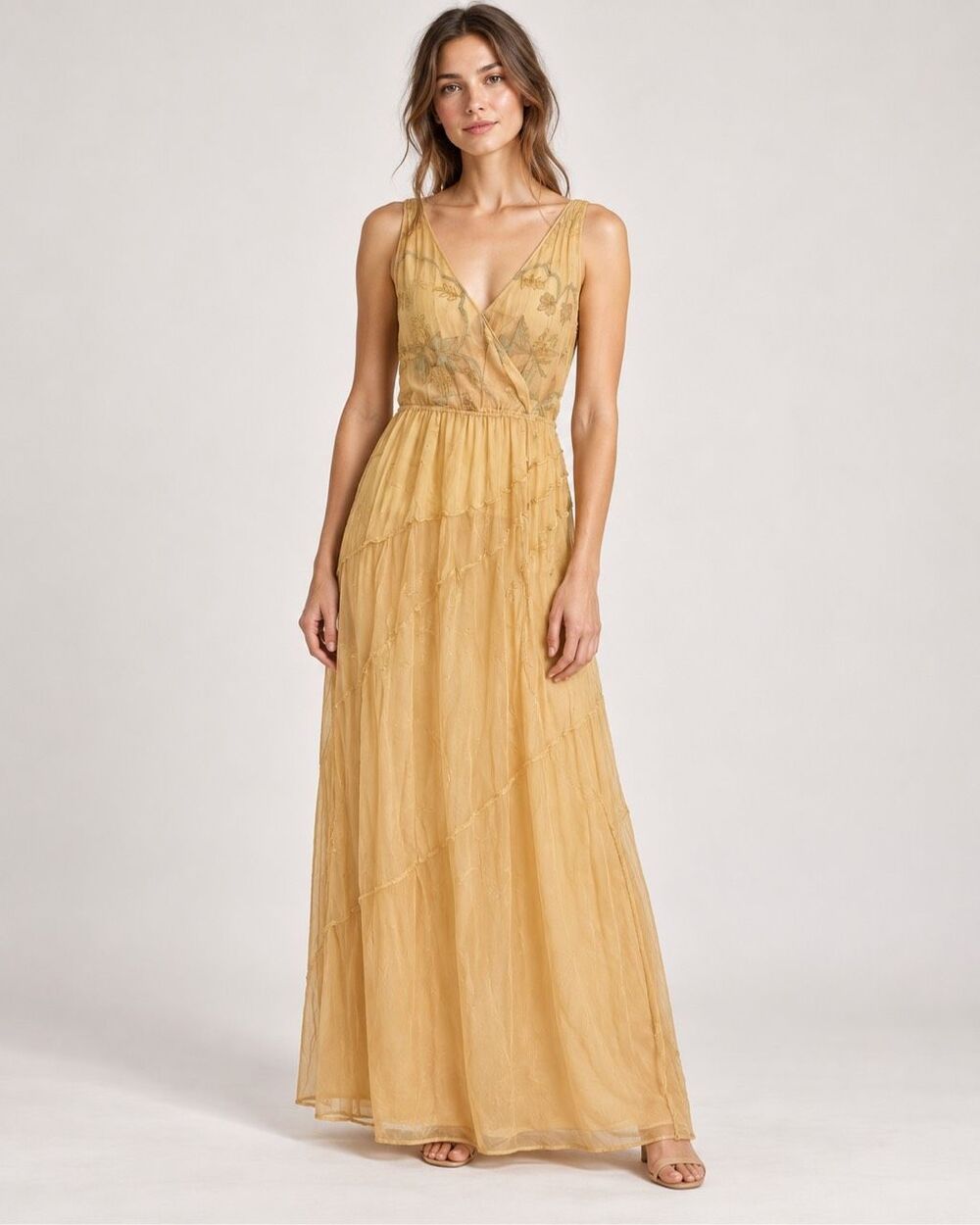 Nataya NWT Gold Embroidered Chiffon Maxi Dress L Edwardian Fairycore Wedding